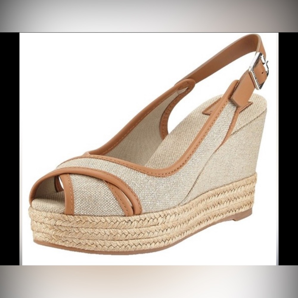 Tory Burch Majorca Peep Toe Espadrille Wedge Leather Shimmer Sling Back Sandals